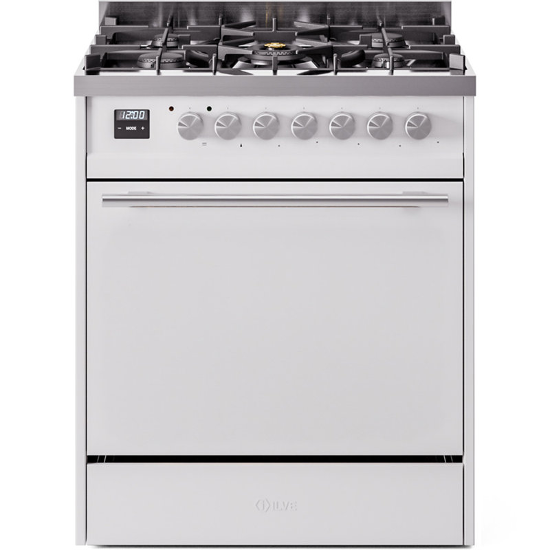  ILVE Professional Plus II 30 in Dual Fuel Range, 5 Sealed Burners (Solid Door), Natural Gas, White/Stainless Steel