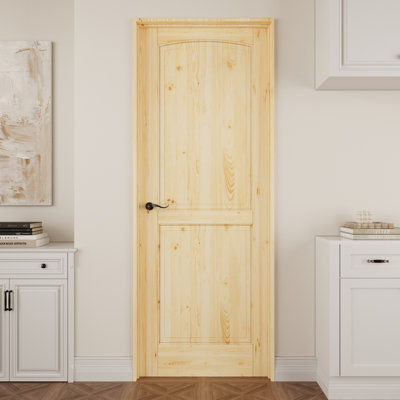 Interior 2‑Panel Pine Wood Door, Colonial Natural Solid Pine Prehung Door, with Jamb Kit, Seal Strip, Right Hand Inswing, Black Hinges & Curve Handle, Unfinished & Paintable Door, for Pantry, Bedroom, Bathroom, Closet & Living Room, 32"x 80"