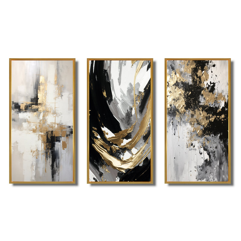 Essential Bliss Minimalism Abstract Gold Painting - Abstract Painting Art Set Of 3 Pieces, Cadre flottant doré
