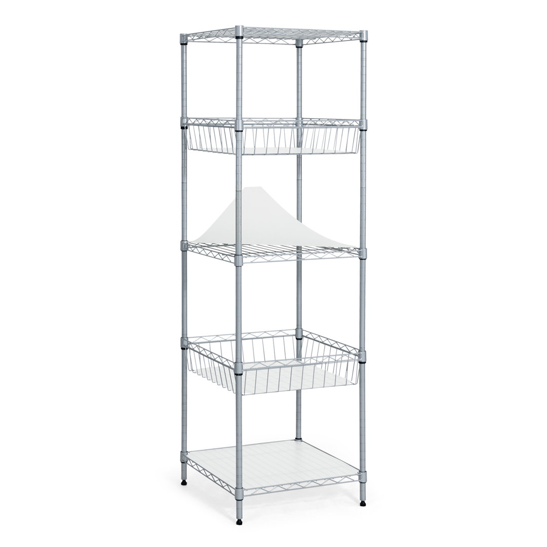 CAPHAUS NSF Adjustable Height 5 Tier Wire Shelving Unit w/ Basket & Liner, Black & Silver CAPHAUS