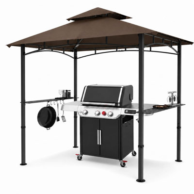 8x5 FT Outdoor Grill Gazebo w/ Double-Tier Vented Roof, Heavy-Duty Steel Frame BBQ Canopy Shelter for Patio Backyard & Deck, Khaki