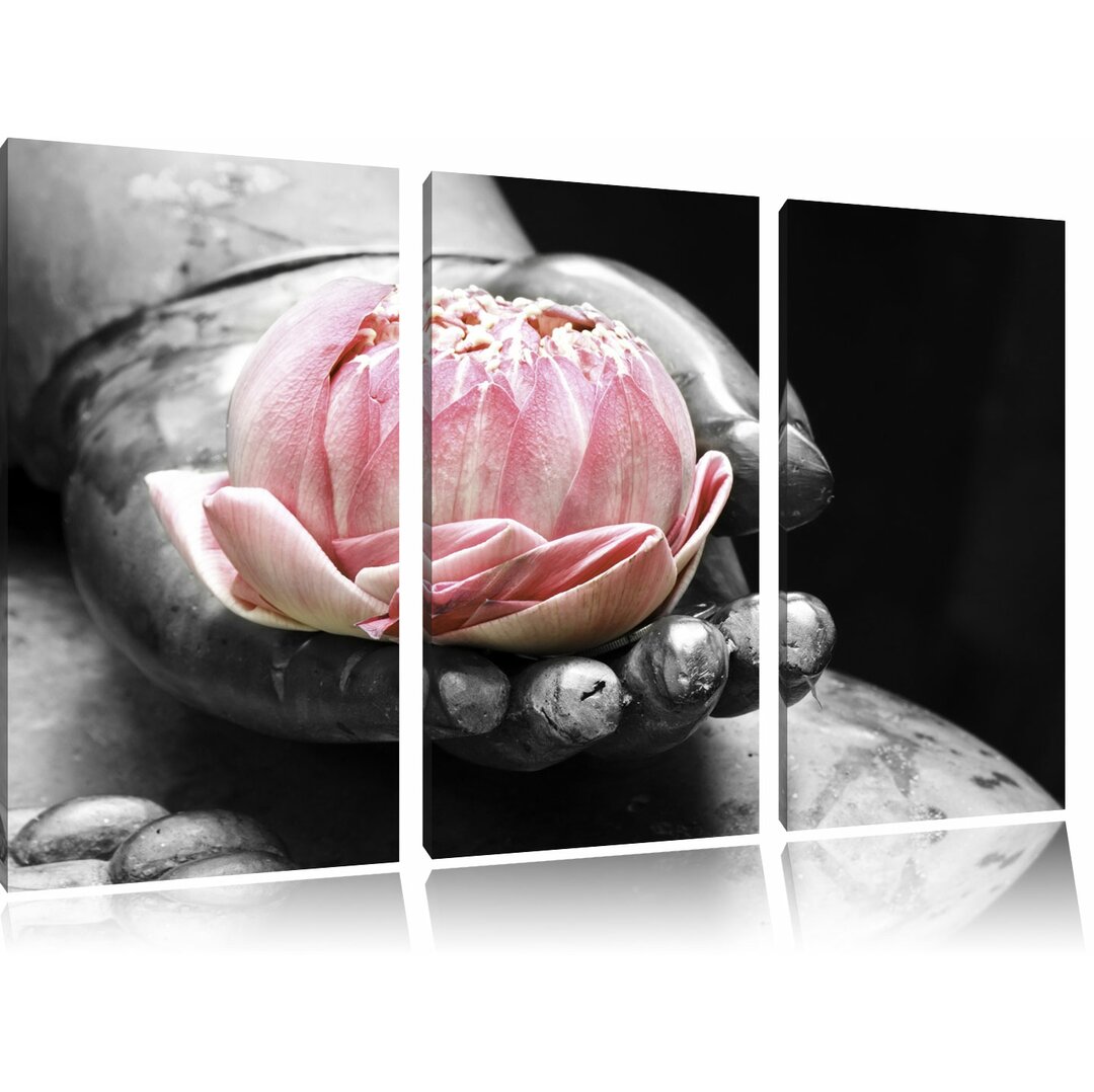 3-tlg. Leinwandbilder-Set „Liegender Lotus in einer Hand eines Buddhas", Fotodruck