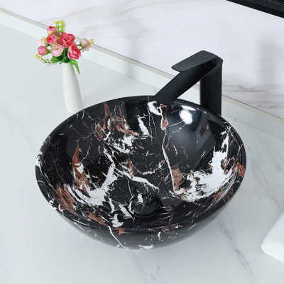 Davivy 16.3" Nordic Marbling Round Bathroom Vessel Sink with Pop Up Drain Ceramic Vessel Sinks
