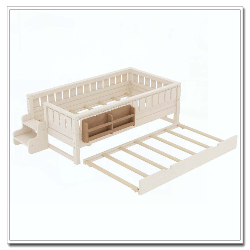 Bibliothèque en bois et lit gigogne intégrés, Lit simple, Beige