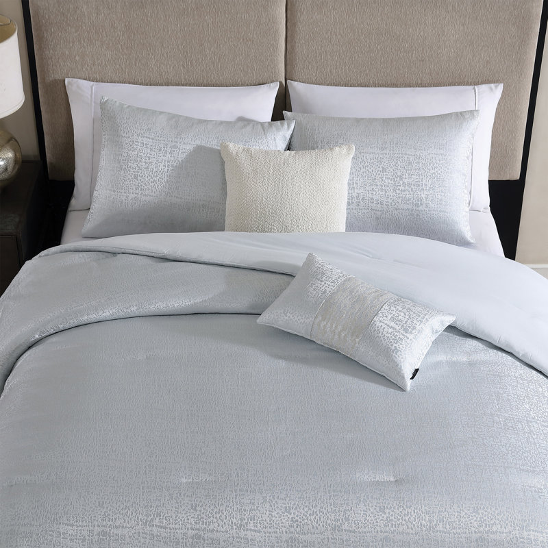 Tahari Home Sterling 5-Piece Abstract Jacquard Comforeter Set, King Comforter + 2 King Shams + 2 Throw Pillows, Ice Blue