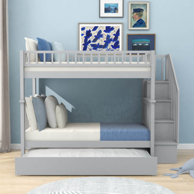 Dituri Twin Over Twin Wood Bunk Bed with Trundle and Shelves