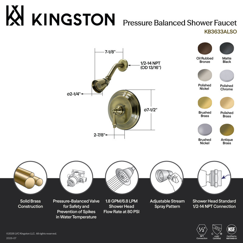 Robinet de douche à pression équilibrée Kingston, Laiton poli