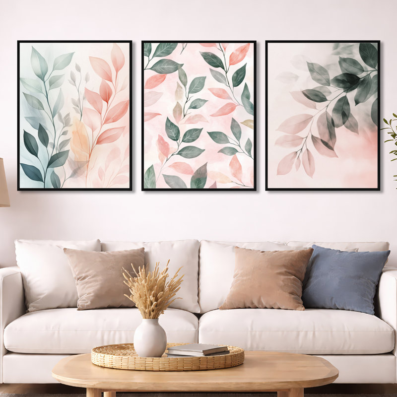 Blush Leaf Accent - ensemble de 3 encadrements de feuilles de sauge, Cadre flottant noir, 32" H x 72" W