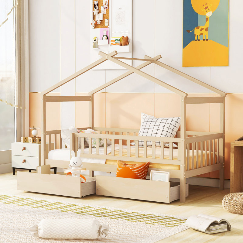 Lit simple en bois avec deux tiroirs, Natural