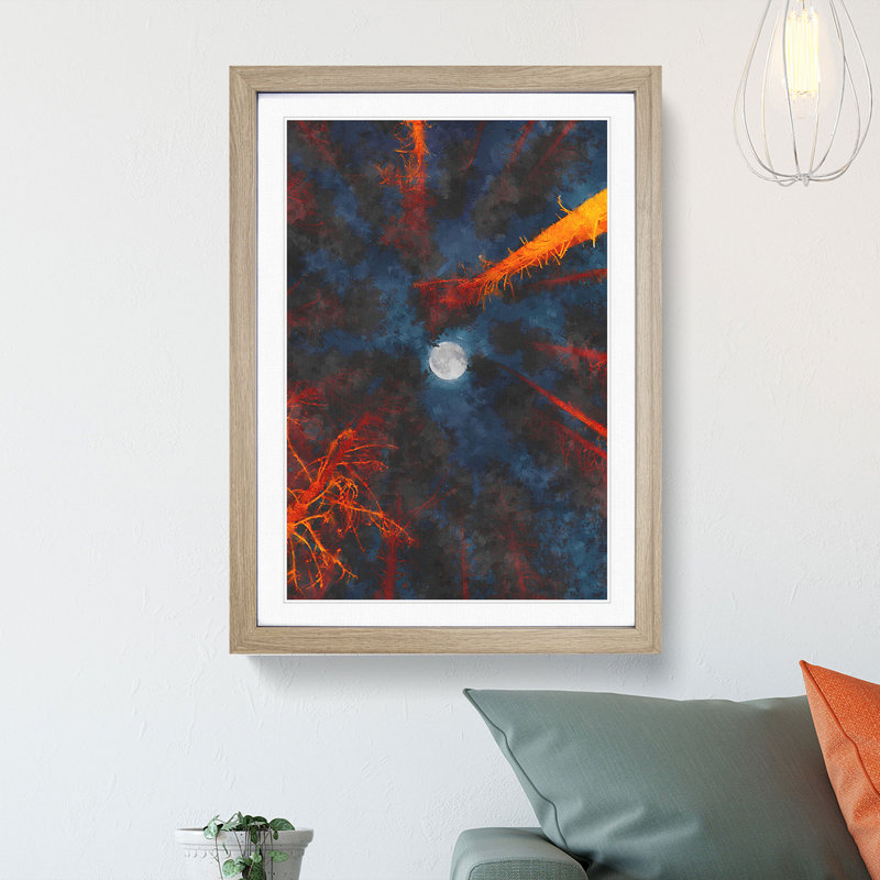 Moon Through the Trees Abstract - Picture Frame Painting Print, 63cm H x 45cm W x 2cm D, Oak Framed