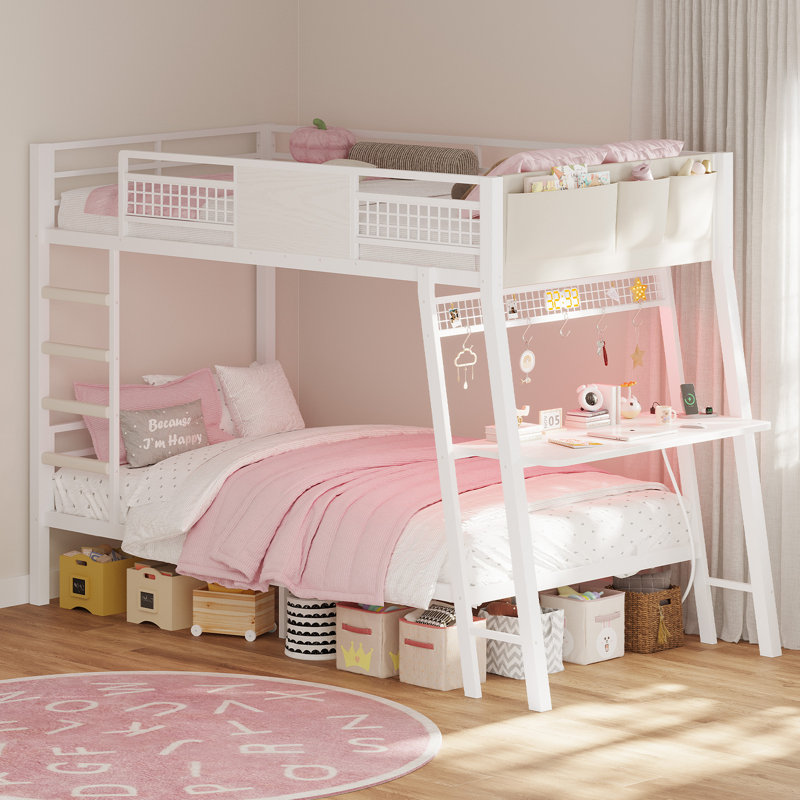 Twin Size Bed With Desk, Twin Metal Bunk Beds With Power Outlets, Rgb Led Lights,, Bed With 13.4"h Safety Guardrail & Ladders, No Box Spring Needed