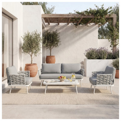 Ensemble de conversation d'extérieur Mid-Century 4 pièces avec coussins Mariano, blanc cassé et gris