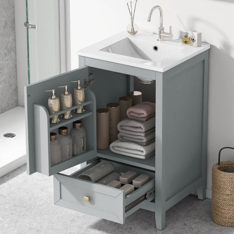 Meuble-lavabo compact 20 po avec lavabo en céramique, Gris