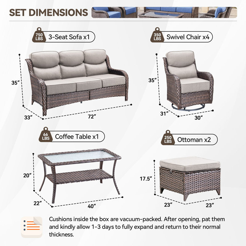 Heritage Haven 8-Pieces PE Wicker Outdoor Patio Conversation Set With 6" Thickness Cushions, White