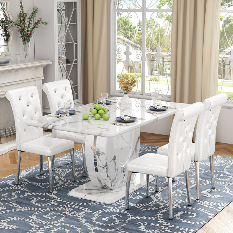 63'' Faux Marble Dining Table Set With PU Leather Chairs And Spring-Wrapped Soft Pad, White/Silver, White