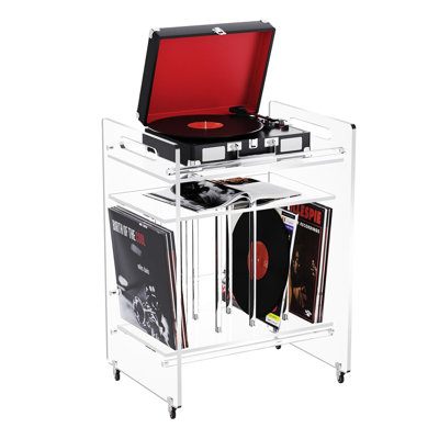 3 Tier Acrylic Record Player Stand With Storage Shelf, Clear Vinyl Record Storage Turntable Stand With Wheels (Clear Large)