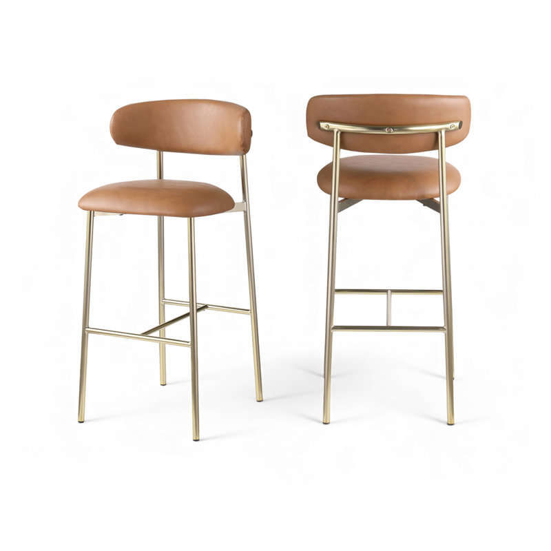 Tabouret de bar rembourré en cuir Lupita, Doré, Cuir cognac végétalien