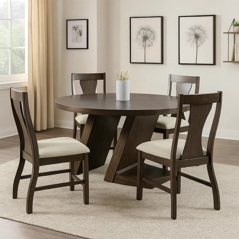 Ensemble de salle à manger 5 pièces Hols, table ronde à piédestal, 4 chaises coussinées, brun