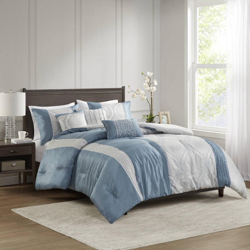 Ensemble d'édredon jacquard 6 pièces avec coussins Lori, Bleu sarcelle / rayures argentées
