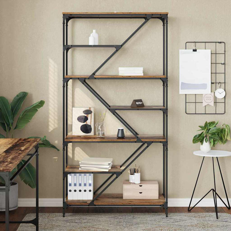 176cm H x 91cm W Metal Etagere Bookcase, Old Wood