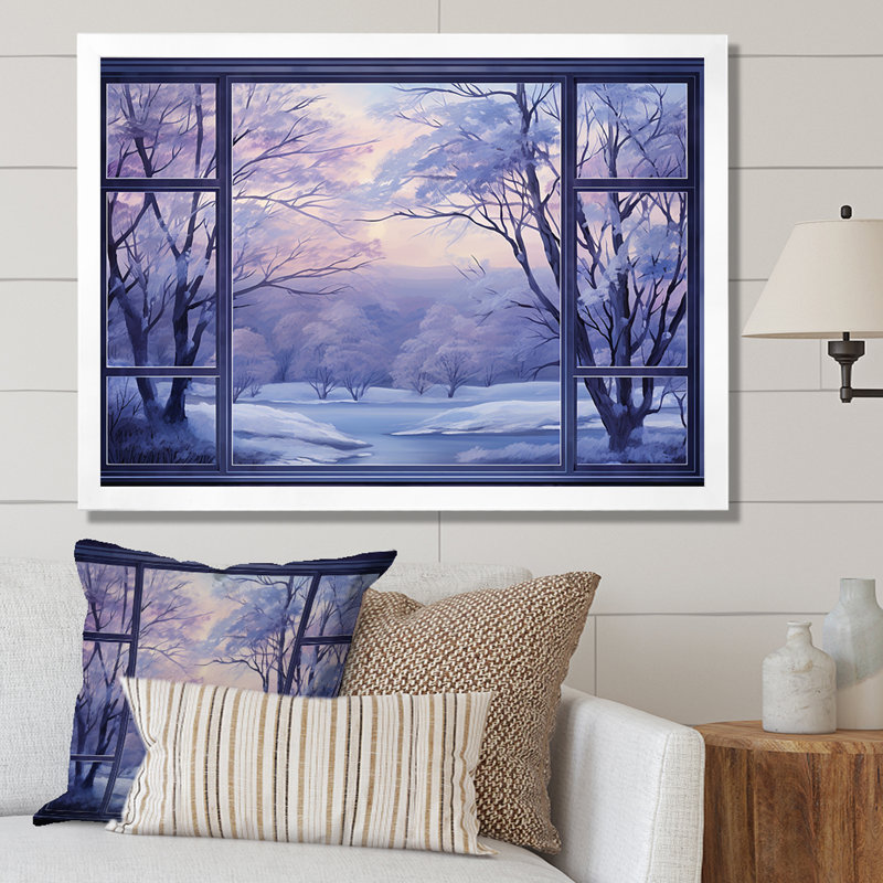 «Purple River Winter Windows IV - Winter Landscape», art mural, Cadre de coin blanc fermé, H 16 po x l 32 po x P 1 po