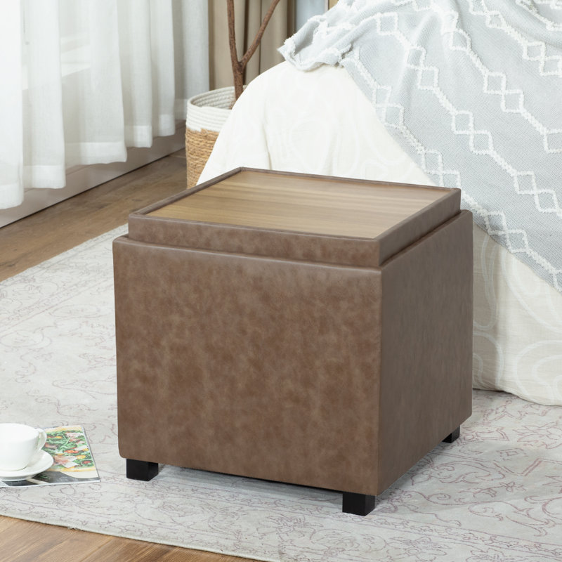 Square Faux Leather Storage Ottoman with Reversible Tray, Light Brown
