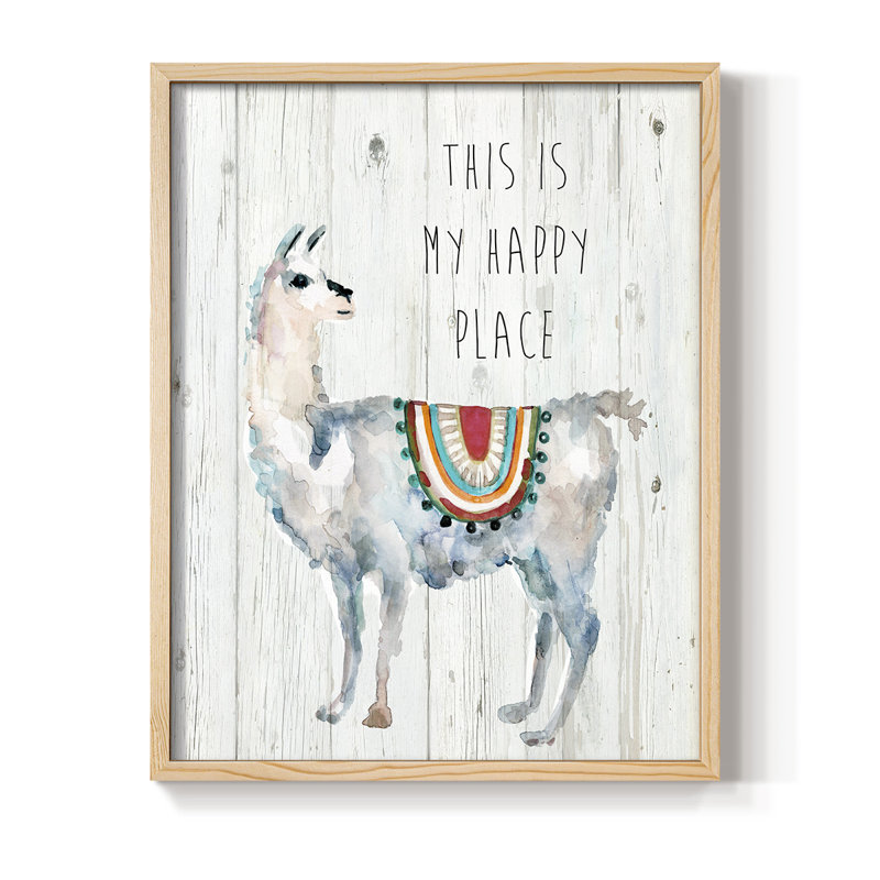 Llama Happy Place, reproduction encadrée - bois massif