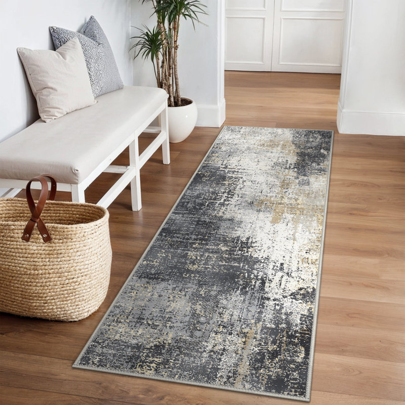 Abstract Area Rug, Rectangle 80 x 150 cm, Black/Gold/Beige