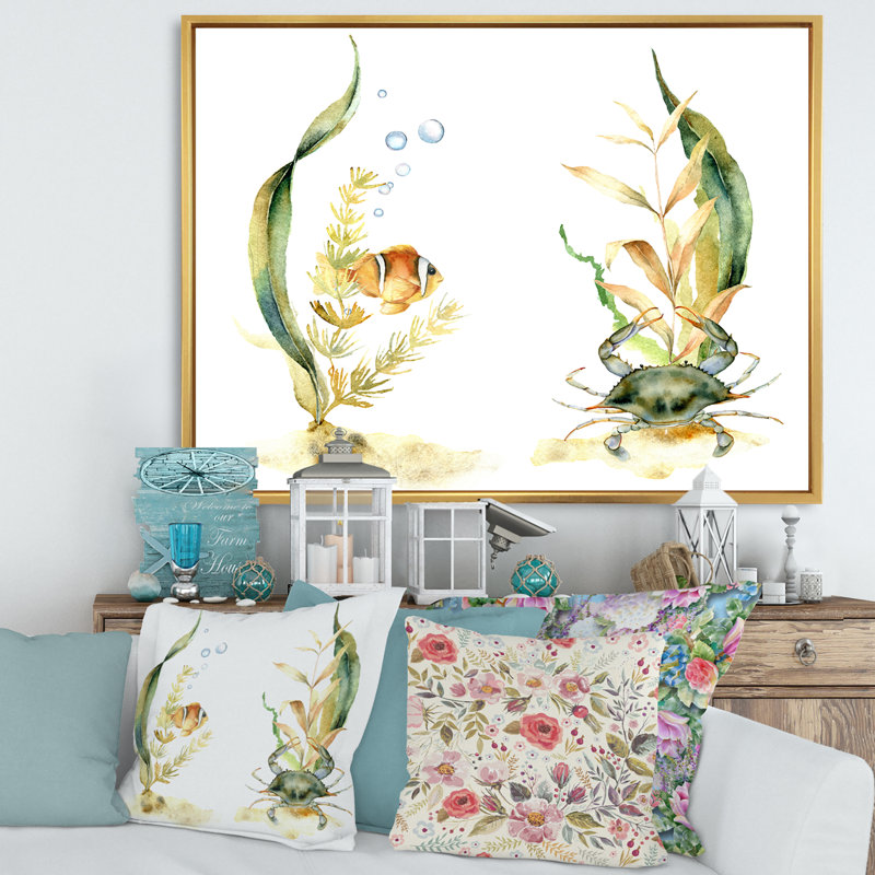 Poisson tropical avec algues et bulles d'air - peinture sur toile, H 30 po x l 40 po x 1,5 po, Cadre flottant doré