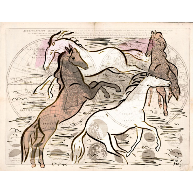 «Celestial Horses 3» par THE Studio - impression d'un cadre photo sur papier, Encadrement doré