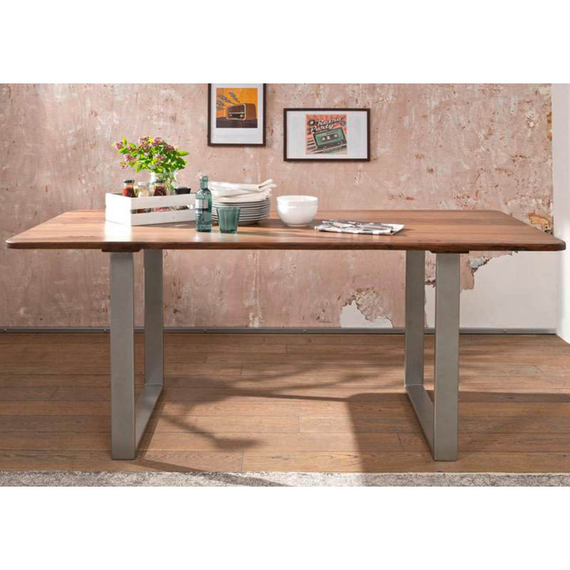 Sydney Solid Wood Top Metal Base Dining Table, Silver, Brown, 76cm H x 200cm L x 100cm W