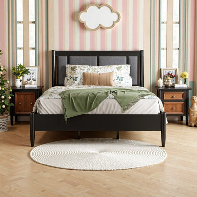 Solid Wood Queen Bed Frame With Upholstered Headboard And Metal Handles Heavy Duty 500 Lbs Support