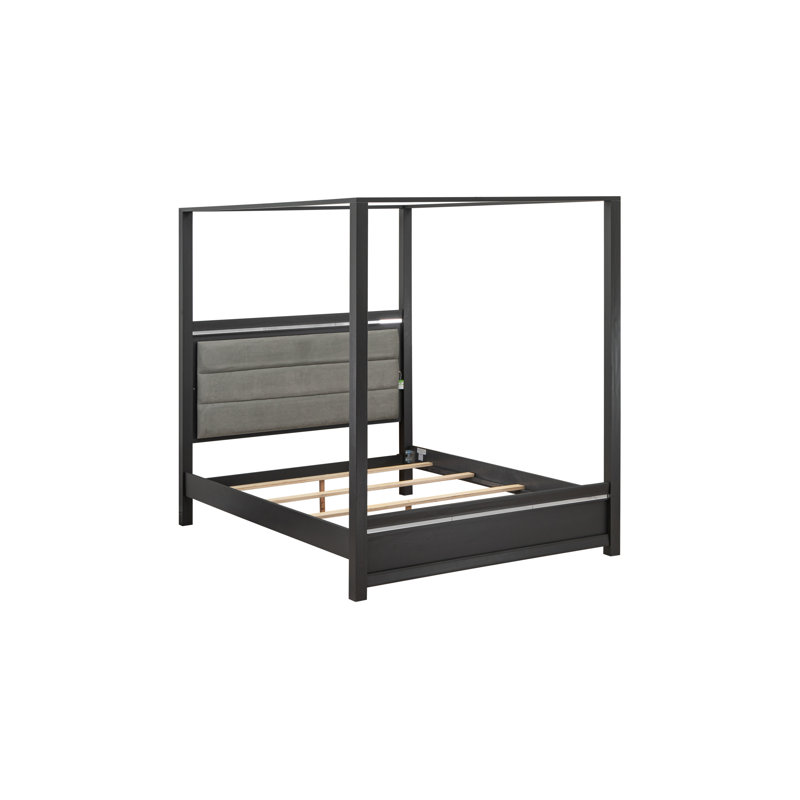 Ensemble de lit 4 pièces pour très grand lit avec 1 base de lit, 1 commode de chambre à coucher, 1 miroir de pièce et une commode Mid-Century - Finition gris brossé