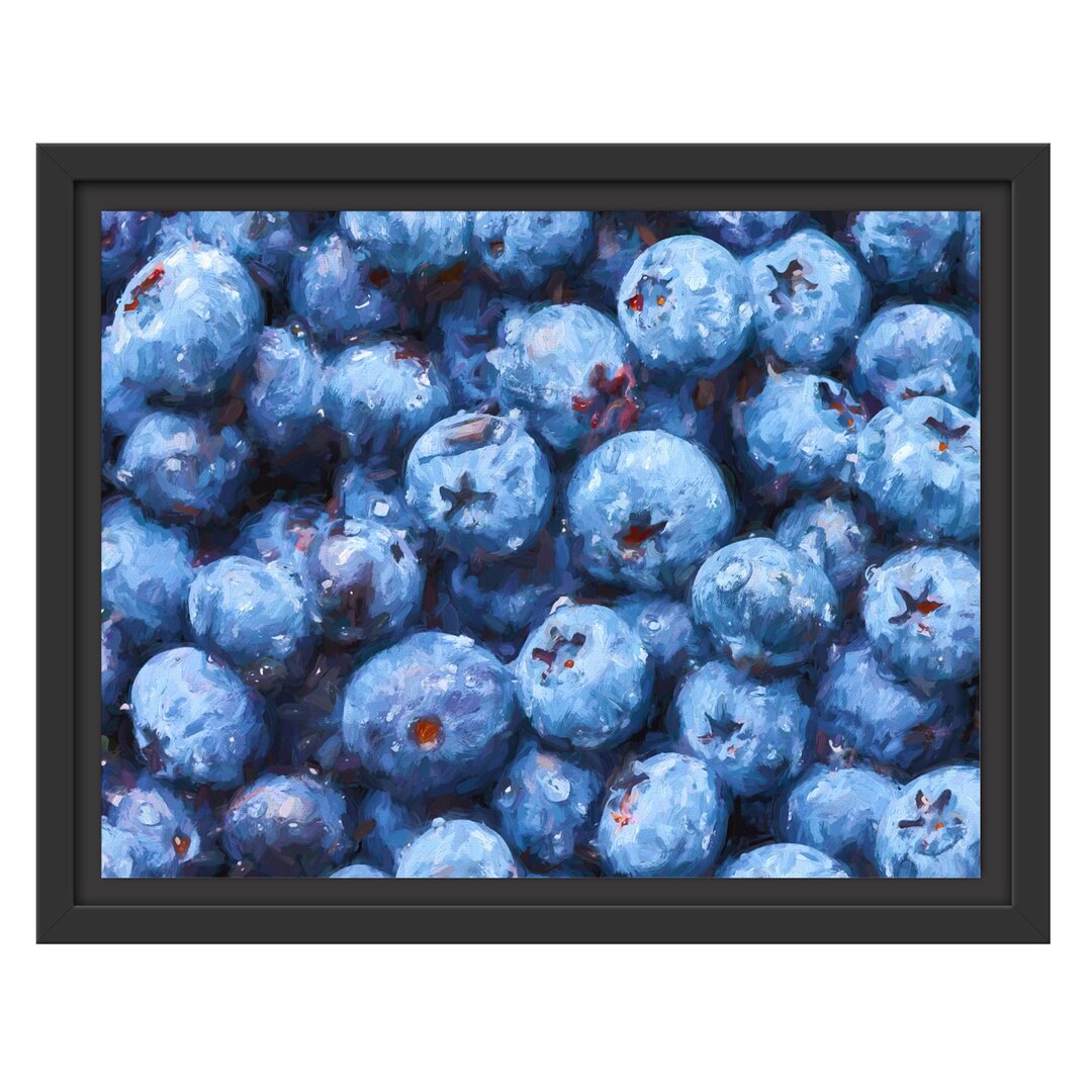 Gerahmtes Wandbild Blaubeeren mit Wassertropfen Kunst