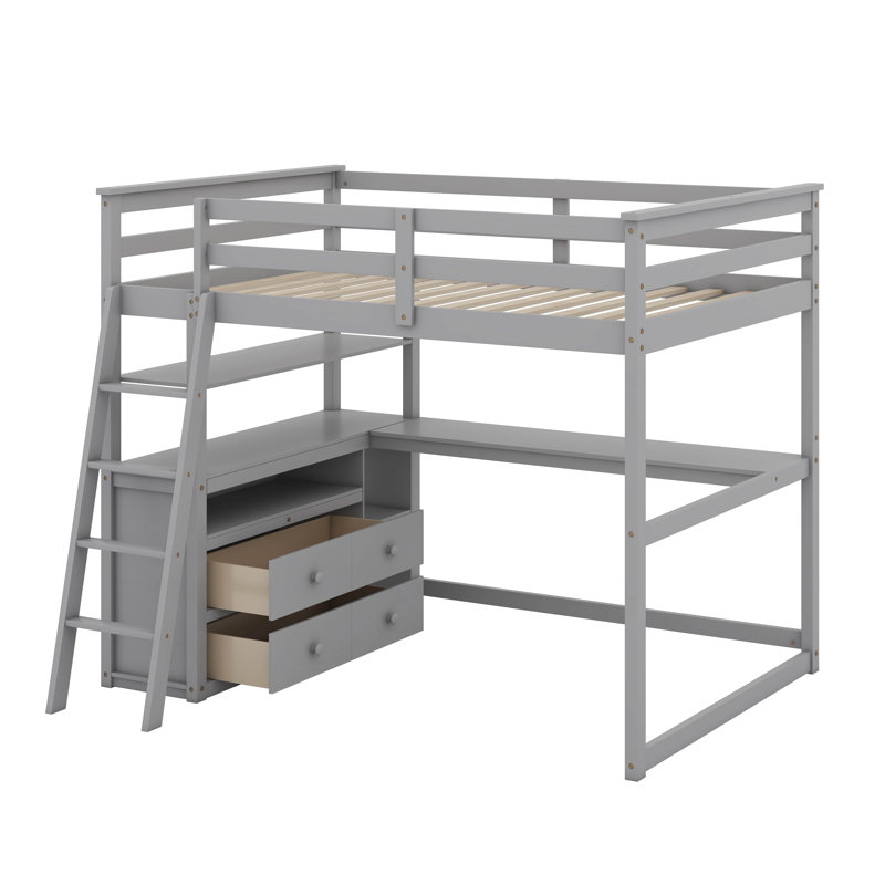 Lit mezzanine double avec bureau et tablettes, deux tiroirs intégrés