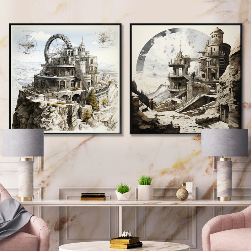 Dessin mystique des observatoires - ensemble de 2 collages carrés, Cadre flottant noir, H 16 po x l 33 po