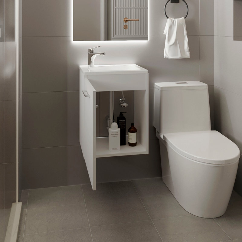 Floating, Wide One-Door Cabinet Vanity, With Resin Sink And One Shelf, Bathroom Storage, White, White