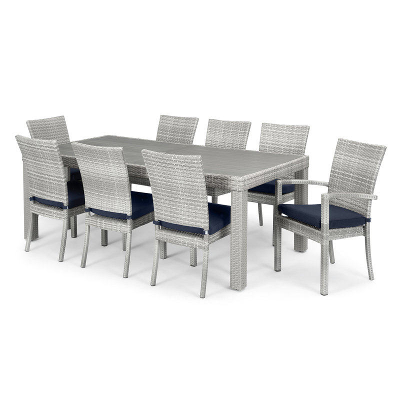 Cannes 9 Piece Dining Set with Cushions, Gray Frame/Navy Twill Cushion