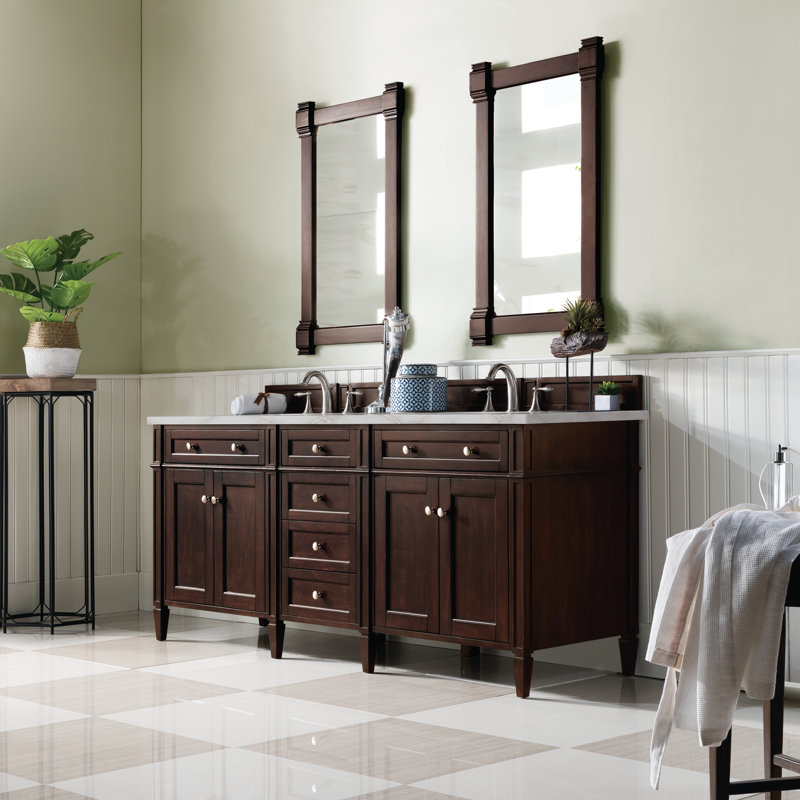 Meuble-lavabo double l 72 po Dussault, Acajou bruni, Argent victorien, 8 po