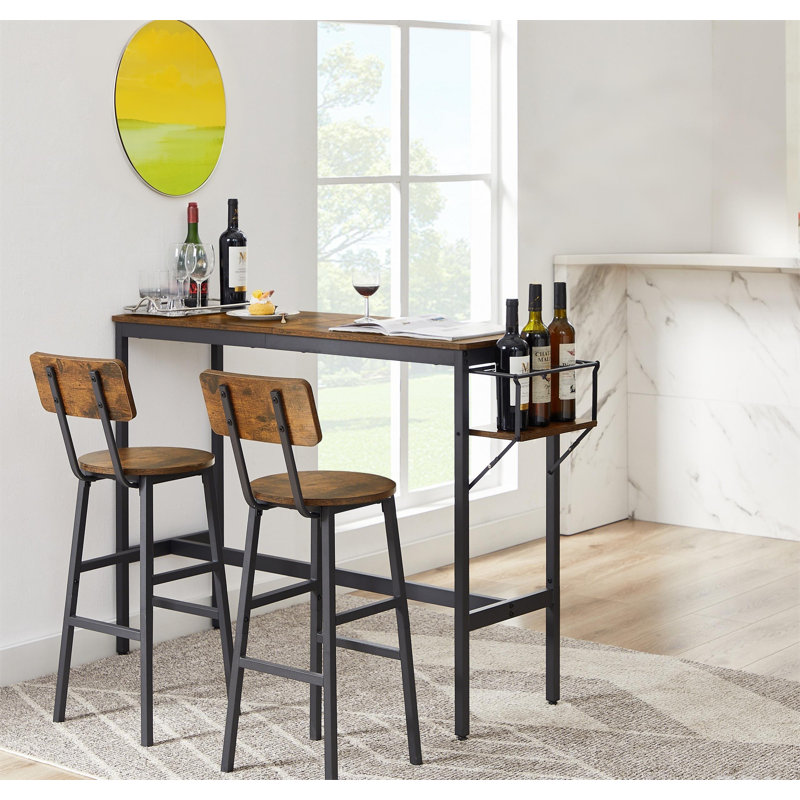 Bar Table Set With Wine Bottle Storage Rack Rustic Brown