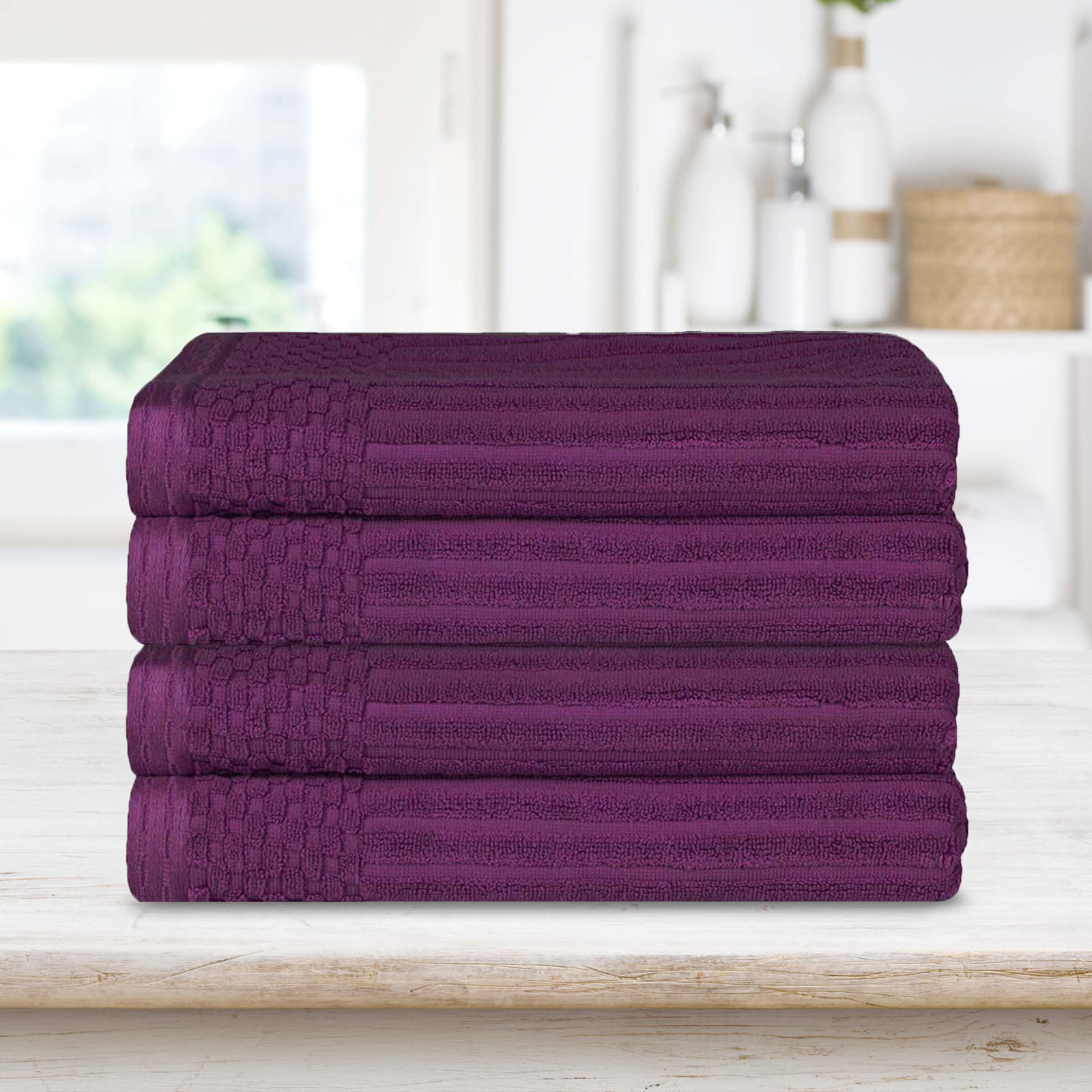 Ribbed Cotton Bath Towel, Plum