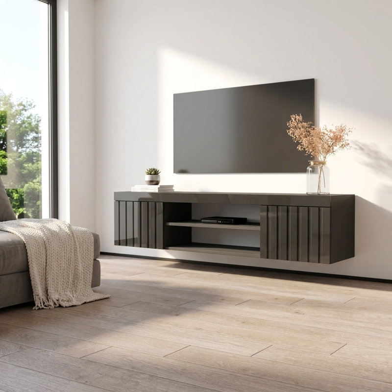 70.9" Modern TV Stand with High Gloss Finish, Black