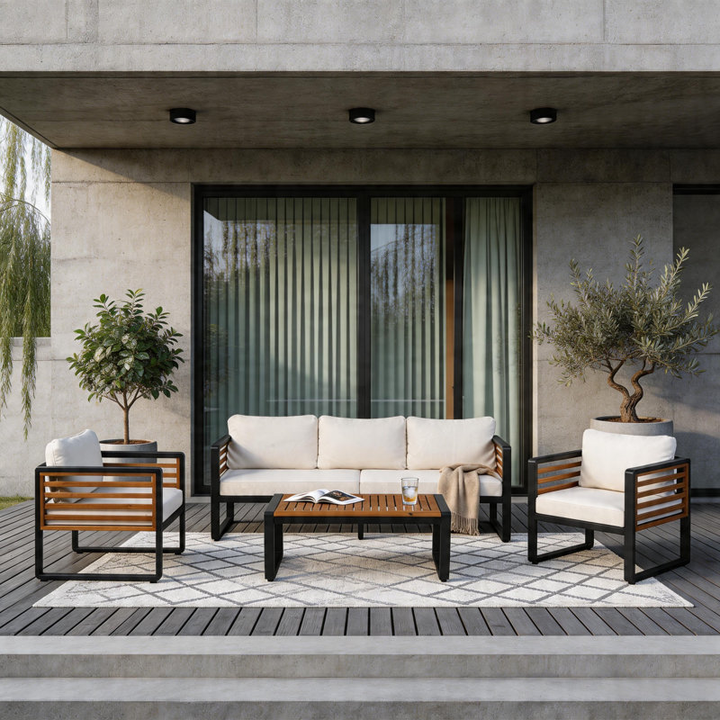 4-Piece Patio Conversation Set with Weather-Resistant Polyester Cushions for Backyard, Deck & Poolside Relaxation, Beige