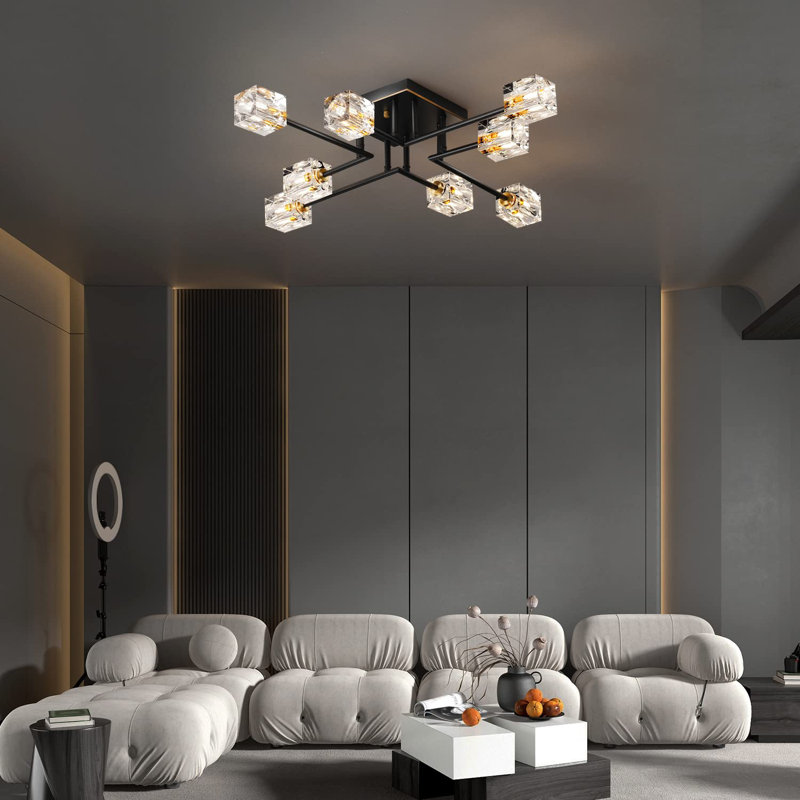 8-Lights Semi Flush Mount Ceiling Light Fixture,Black And Gold Modern Crystal Chandeliers,Farmhouse Lighting Fixtures
