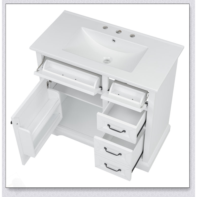 Meuble-lavabo de 36 pouces avec lavabo en céramique, 2 tiroirs basculants, charnières à fermeture en douceur, finition blanche pour un rangement élégant