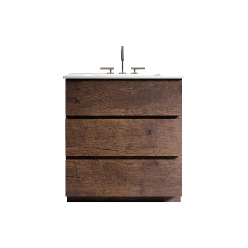 Meuble-lavabo de 30 po en noyer. Vaste rangement intérieur, fonctionnement silencieux. Poignée ergonomique. Lavabo blanc. Grande capacité préassemblée, performance. Concept.