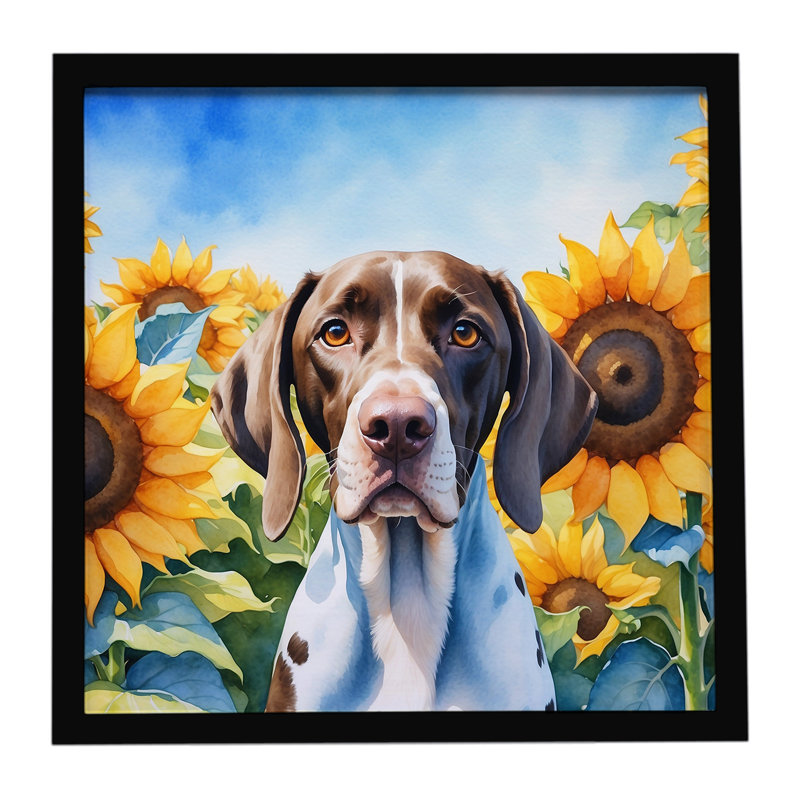 Pointer in Sunflowers Framed Metal Print