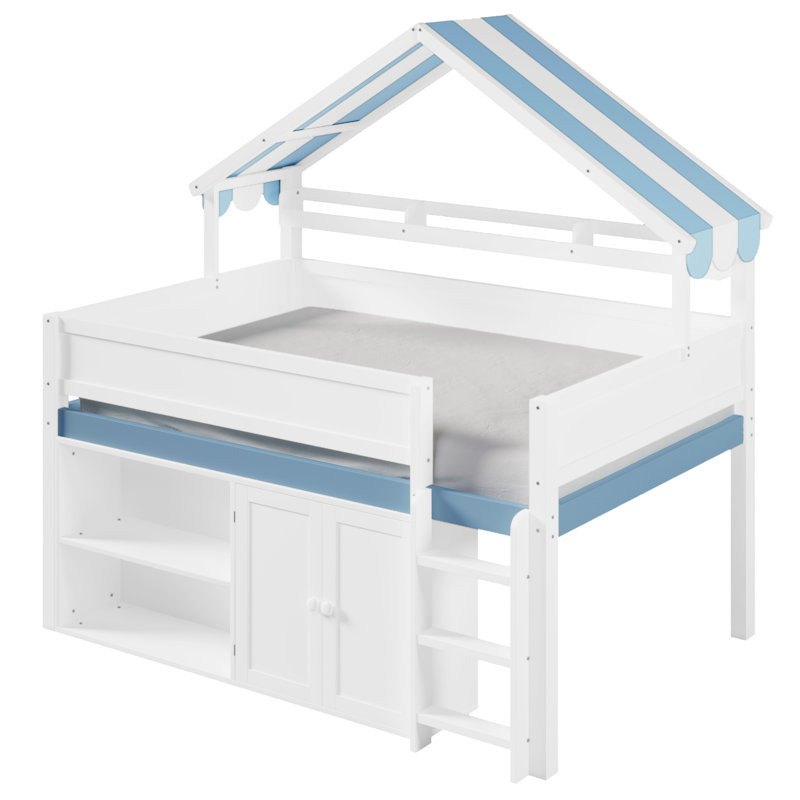 Full Size Loft Bed with Canopy Roof and Storage Cabinet – Multi-Functional Wood Loft, White and Blue, White/Blue
