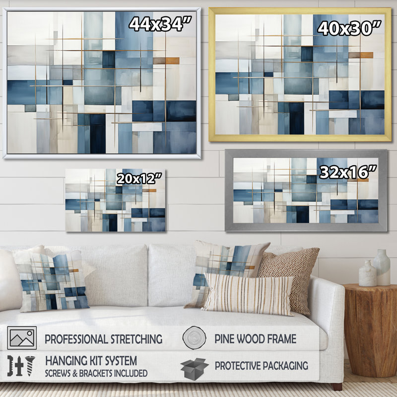 Jakier Blue Grey Line Art Abstract Geometrics I On Canvas Print, H 34 po x l 44 po x P 1,5 po, Cadre flottant doré