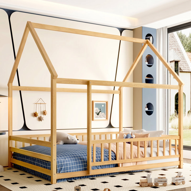 Lit de sol en bois de pin massif avec cadre de maison et garde-corps de sécurité Montessori l 60 po x P 77 po x H 74 po